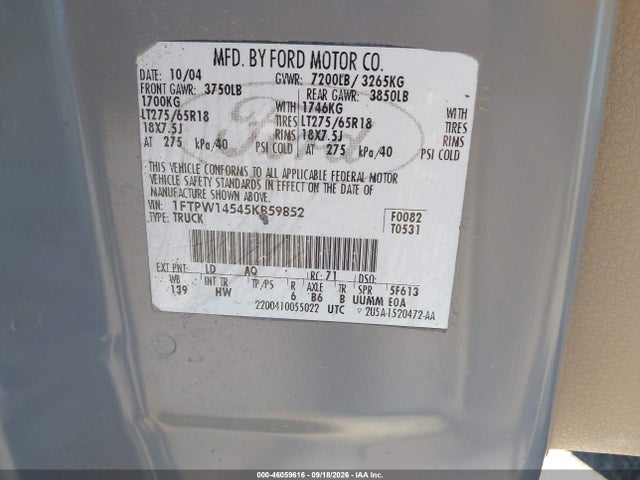 Auction sale of the 2005 Ford F-150 Fx4/lariat/xlt, vin: 1FTPW14545KB59852, lot number: 46059616