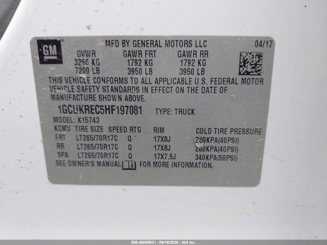 Продаж на аукціоні авто 2017 Chevrolet Silverado 1500 1lt, vin: 1GCUKREC5HF197081, номер лоту: 46059631