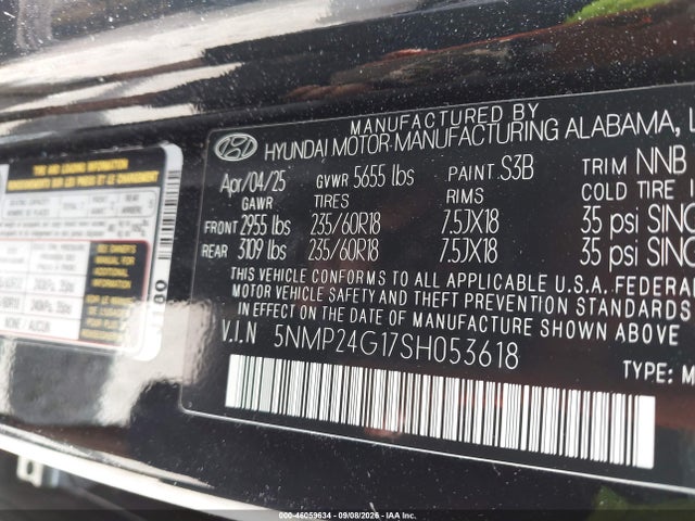 Продажа на аукционе авто 2025 Hyundai Santa Fe Hybrid Sel, vin: 5NMP24G17SH053618, номер лота: 46059634