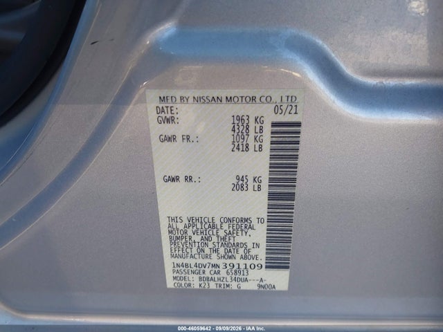 Продаж на аукціоні авто 2021 Nissan Altima Sv Fwd, vin: 1N4BL4DV7MN391109, номер лоту: 46059642