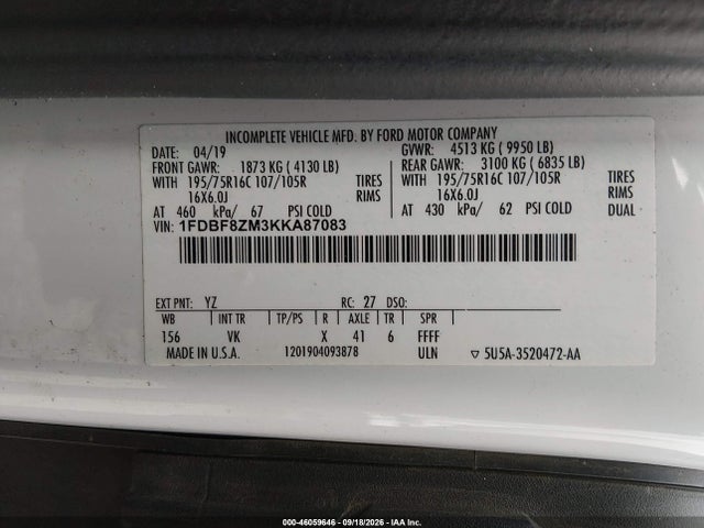 Продаж на аукціоні авто 2019 Ford Transit-350 Cab, vin: 1FDBF8ZM3KKA87083, номер лоту: 46059646