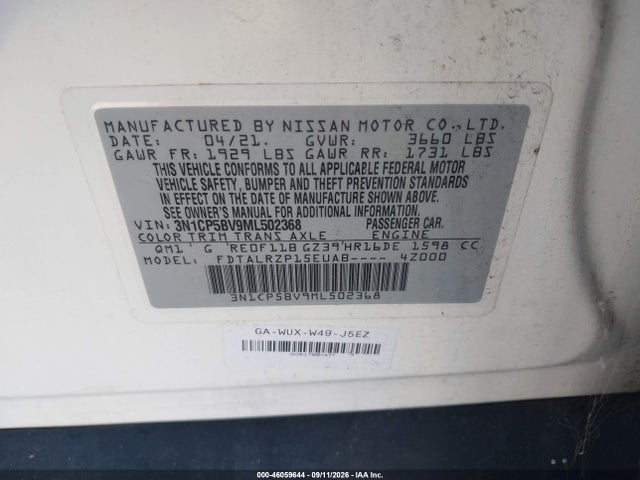 2021 Nissan Kicks S Xtronic Cvt მანქანა იყიდება აუქციონზე, vin: 3N1CP5BV9ML502368, აუქციონის ნომერი: 46059644