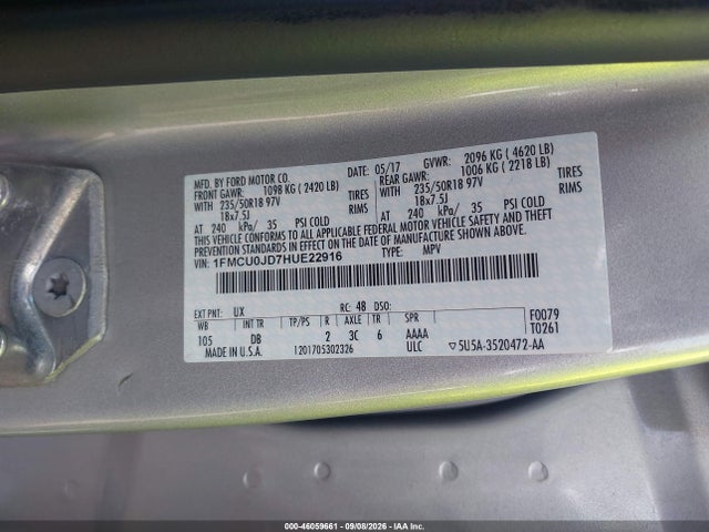 46059661 :رقم المزاد ، 1FMCU0JD7HUE22916 vin ، 2017 Ford Escape Titanium مزاد بيع