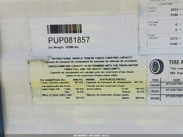 Продажа на аукционе авто 2020 Forest River Puma Destination Ser, vin: 4X4TPUR2XLP081857, номер лота: 46059679