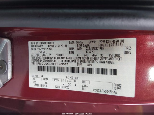 Aukcja sprzedaży 2017 Ford Escape Se, vin: 1FMCU0GD6HUB99517, numer aukcji: 46059686