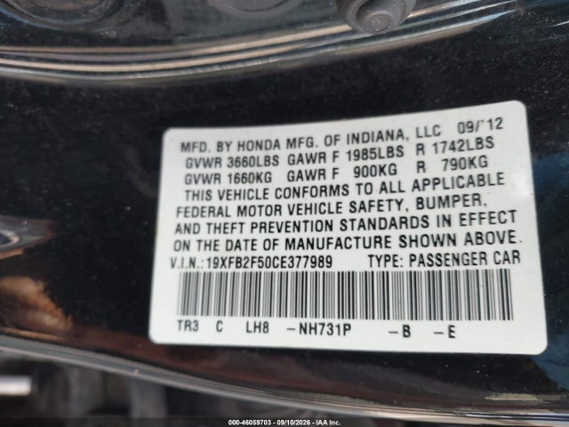 46059703 :رقم المزاد ، 19XFB2F50CE377989 vin ، 2012 Honda Civic Lx مزاد بيع