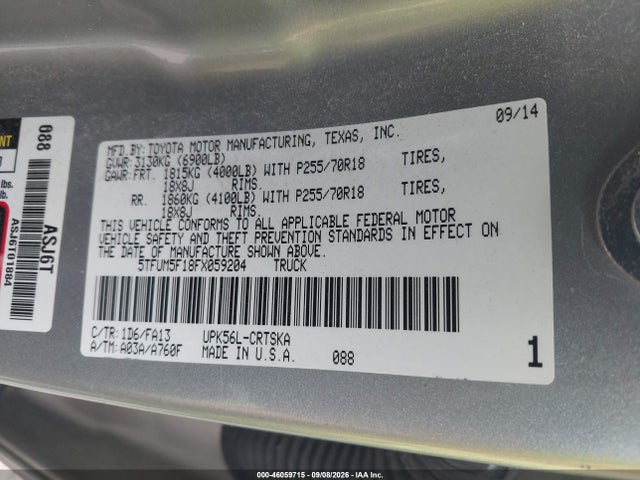 Продаж на аукціоні авто 2015 Toyota Tundra Sr 4.6l V8, vin: 5TFUM5F18FX059204, номер лоту: 46059715