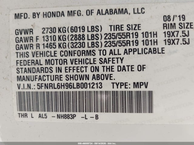 Продаж на аукціоні авто 2020 Honda Odyssey Elite, vin: 5FNRL6H96LB001213, номер лоту: 46059724