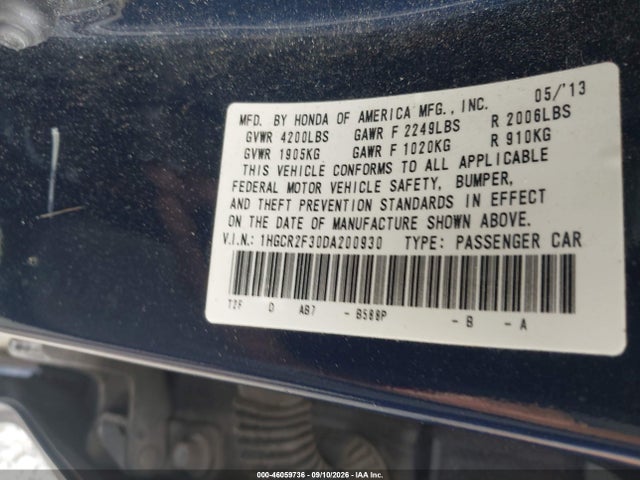 Продаж на аукціоні авто 2013 Honda Accord Lx, vin: 1HGCR2F30DA200930, номер лоту: 46059736