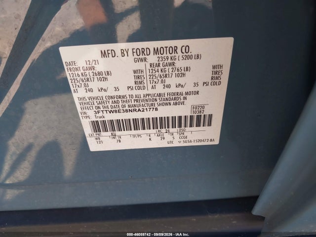 2022 Ford Maverick Xlt მანქანა იყიდება აუქციონზე, vin: 3FTTW8E38NRA21778, აუქციონის ნომერი: 46059742
