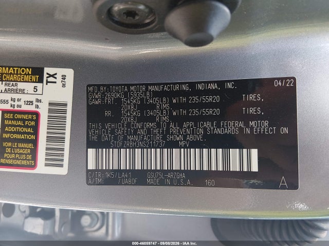 Aukcja sprzedaży 2022 Toyota Highlander Platinum, vin: 5TDFZRBH3NS211737, numer aukcji: 46059747