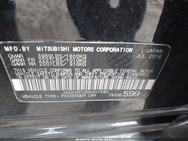 2017 Mitsubishi Lancer Es/le მანქანა იყიდება აუქციონზე, vin: JA32U2FU2HU001690, აუქციონის ნომერი: 46059748