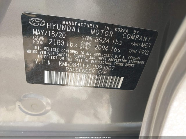 Aukcja sprzedaży 2020 Hyundai Elantra Sel, vin: KMHD84LFXLU099307, numer aukcji: 46059749