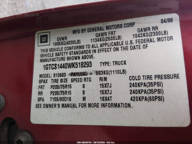 1998 Gmc Sonoma Sl მანქანა იყიდება აუქციონზე, vin: 1GTCS1440WK518293, აუქციონის ნომერი: 46059754