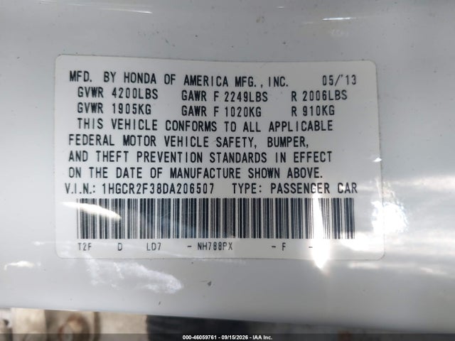 2013 Honda Accord Lx მანქანა იყიდება აუქციონზე, vin: 1HGCR2F38DA206507, აუქციონის ნომერი: 46059761