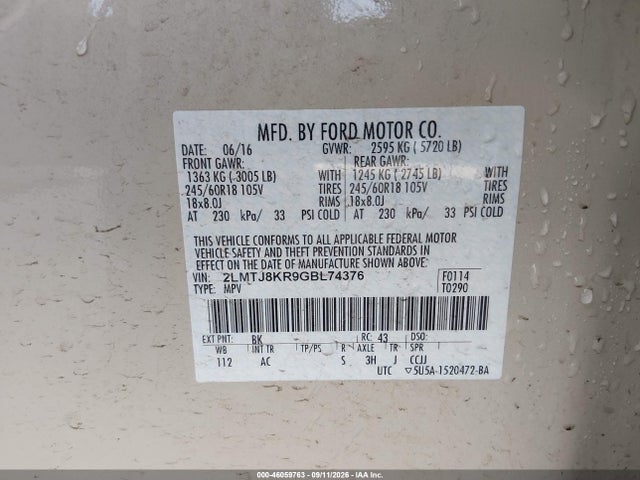 Lincoln Mkx Select 2016 2LMTJ8KR9GBL74376 Image 9