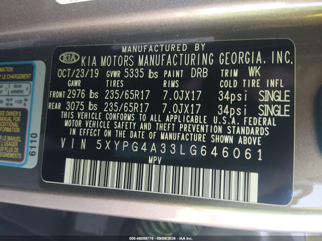 Продаж на аукціоні авто 2020 Kia Sorento 2.4l Lx, vin: 5XYPG4A33LG646061, номер лоту: 46059776