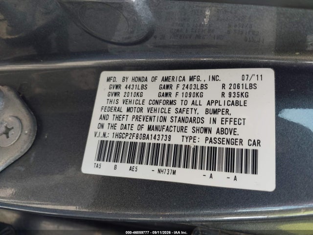 Продаж на аукціоні авто 2011 Honda Accord 2.4 Ex-l, vin: 1HGCP2F80BA143739, номер лоту: 46059777