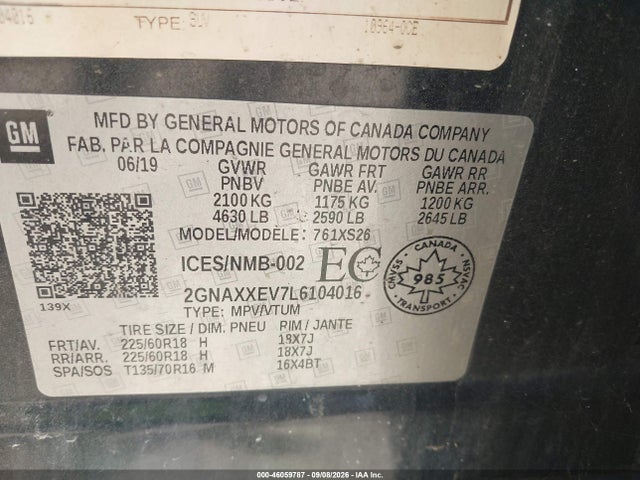 2020 Chevrolet Equinox Premier მანქანა იყიდება აუქციონზე, vin: 2GNAXXEV7L6104016, აუქციონის ნომერი: 46059787