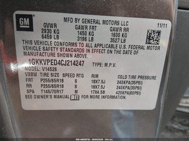 46059792 :رقم المزاد ، 1GKKVPED4CJ214247 vin ، 2012 Gmc Acadia Sle مزاد بيع