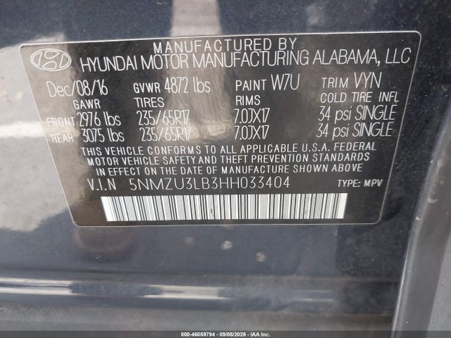 Aukcja sprzedaży 2017 Hyundai Santa Fe Sport 2.4l, vin: 5NMZU3LB3HH033404, numer aukcji: 46059794
