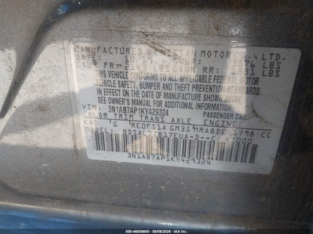 2019 Nissan Sentra Sv მანქანა იყიდება აუქციონზე, vin: 3N1AB7AP1KY429324, აუქციონის ნომერი: 46059800
