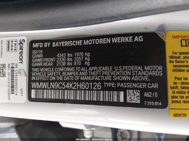 46059807 :رقم المزاد ، WMWLN9C54K2H60126 vin ، 2019 Mini Clubman Cooper S مزاد بيع
