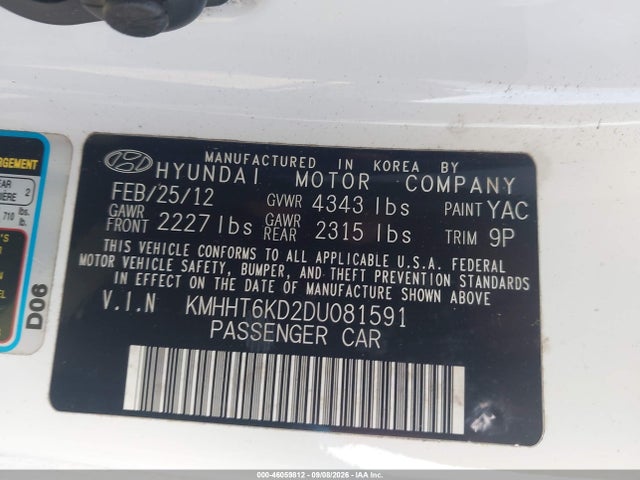 Aukcja sprzedaży 2013 Hyundai Genesis 2.0t, vin: KMHHT6KD2DU081591, numer aukcji: 46059812