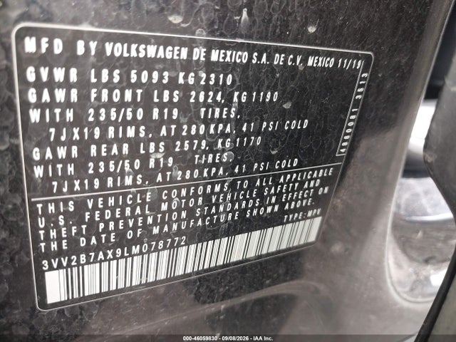 Продаж на аукціоні авто 2020 Volkswagen Tiguan 2.0t Se/2.0t Se R-line Black/2.0t Sel, vin: 3VV2B7AX9LM078772, номер лоту: 46059830