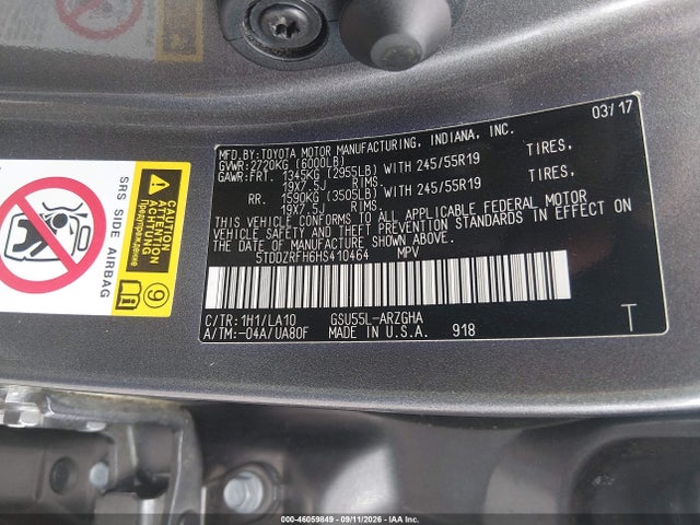 2017 Toyota Highlander Limited მანქანა იყიდება აუქციონზე, vin: 5TDDZRFH6HS410464, აუქციონის ნომერი: 46059849