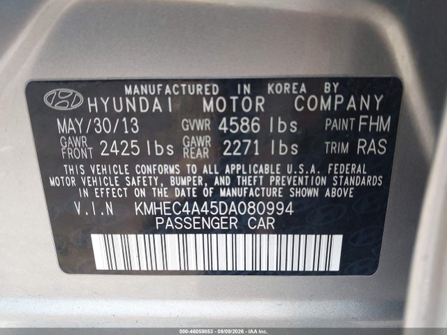 Auction sale of the 2013 Hyundai Sonata Hybrid Limited, vin: KMHEC4A45DA080994, lot number: 46059853