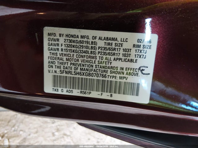 Aukcja sprzedaży 2016 Honda Odyssey Ex-l, vin: 5FNRL5H6XGB070766, numer aukcji: 46059867