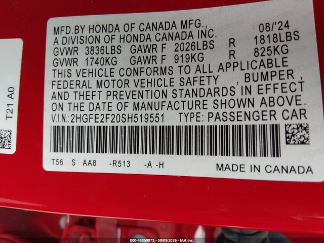 46059873 :رقم المزاد ، 2HGFE2F20SH519551 vin ، 2025 Honda Civic Lx مزاد بيع