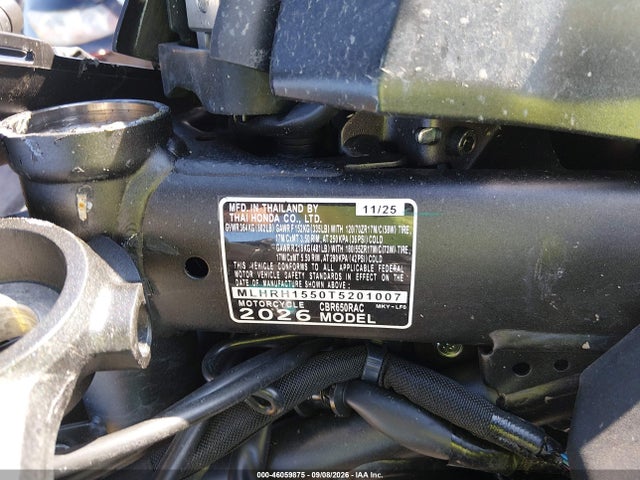 2026 Honda Cbr650 R მანქანა იყიდება აუქციონზე, vin: MLHRH1550T5201007, აუქციონის ნომერი: 46059875