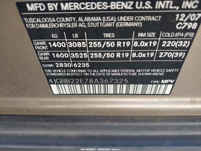 46059881 :رقم المزاد ، 4JGBB22E78A367325 vin ، 2008 Mercedes-benz Ml 320 Cdi 4matic مزاد بيع
