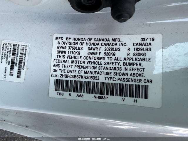 2019 Honda Civic Lx მანქანა იყიდება აუქციონზე, vin: 2HGFC4B67KH305053, აუქციონის ნომერი: 46059886