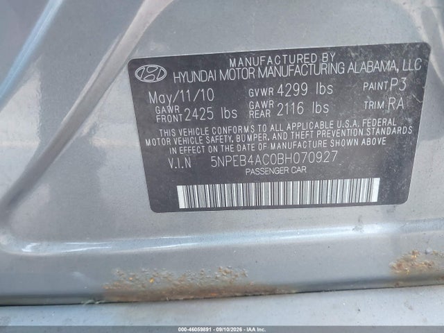 Aukcja sprzedaży 2011 Hyundai Sonata Gls, vin: 5NPEB4AC0BH070927, numer aukcji: 46059891