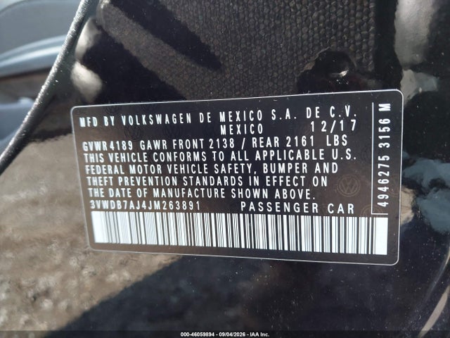 46059894 :رقم المزاد ، 3VWDB7AJ4JM263891 vin ، 2018 Volkswagen Jetta 1.4t Se/1.4t Wolfsburg Edition مزاد بيع