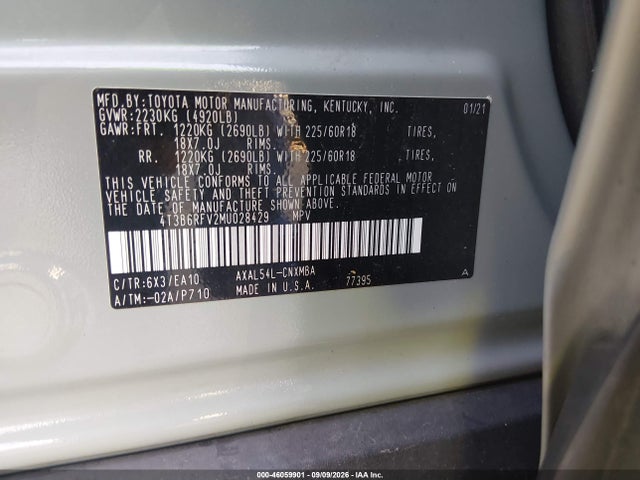 2021 Toyota Rav4 Hybrid Xle Premium მანქანა იყიდება აუქციონზე, vin: 4T3B6RFV2MU028429, აუქციონის ნომერი: 46059901