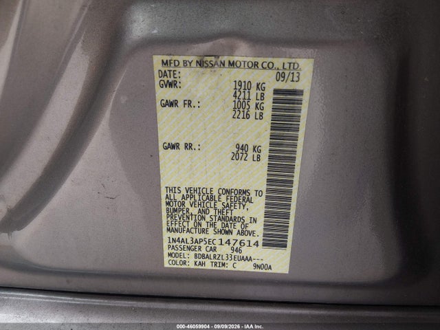 46059904 :رقم المزاد ، 1N4AL3AP5EC147614 vin ، 2014 Nissan Altima 2.5 S مزاد بيع