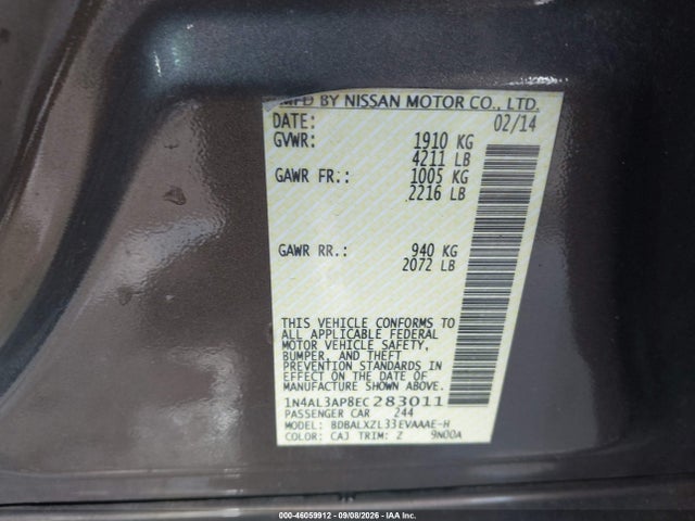 46059912 :رقم المزاد ، 1N4AL3AP8EC283011 vin ، 2014 Nissan Altima 2.5 Sl مزاد بيع