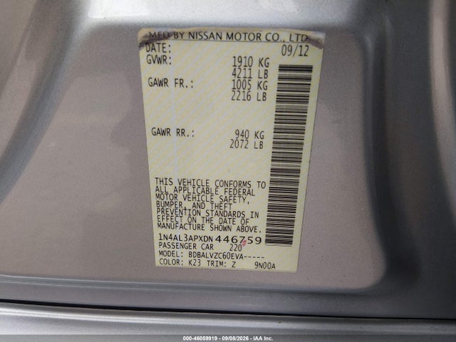 46059919 :رقم المزاد ، 1N4AL3APXDN446759 vin ، 2013 Nissan Altima 2.5 Sl مزاد بيع