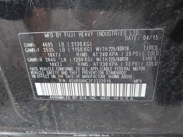 Продажа на аукционе авто 2015 Subaru Outback 2.5i Limited, vin: 4S4BSANC3F3322016, номер лота: 46059921
