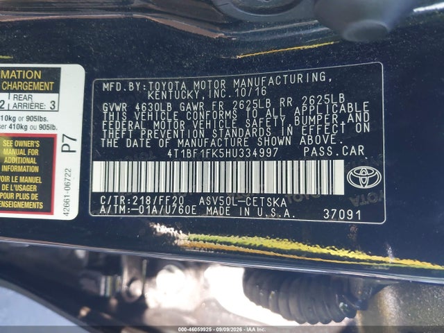 46059925 :رقم المزاد ، 4T1BF1FK5HU334997 vin ، 2017 Toyota Camry Se مزاد بيع