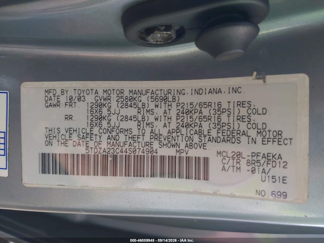 46059948 :رقم المزاد ، 5TDZA23C44S074904 vin ، 2004 Toyota Sienna Le مزاد بيع