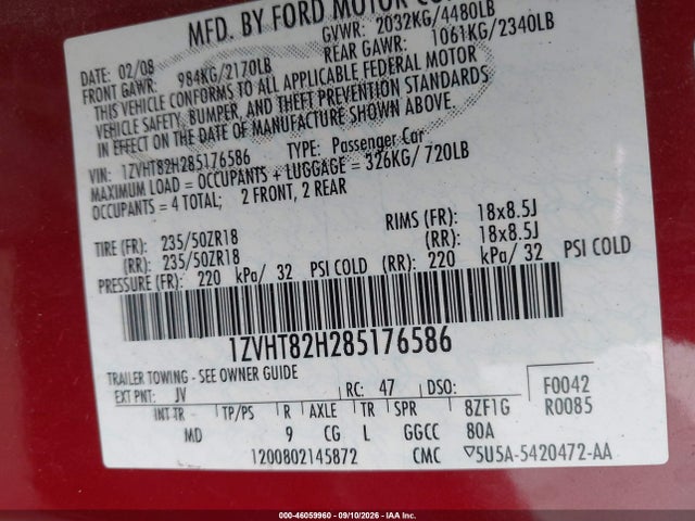46059960 :رقم المزاد ، 1ZVHT82H285176586 vin ، 2008 Ford Mustang Gt Deluxe/gt Premium مزاد بيع