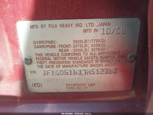 2007 Subaru Impreza 2.5i მანქანა იყიდება აუქციონზე, vin: JF1GD61637H512362, აუქციონის ნომერი: 46059968