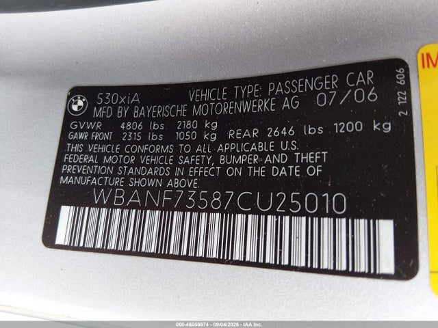 46059974 :رقم المزاد ، WBANF73587CU25010 vin ، 2007 Bmw 530xi مزاد بيع