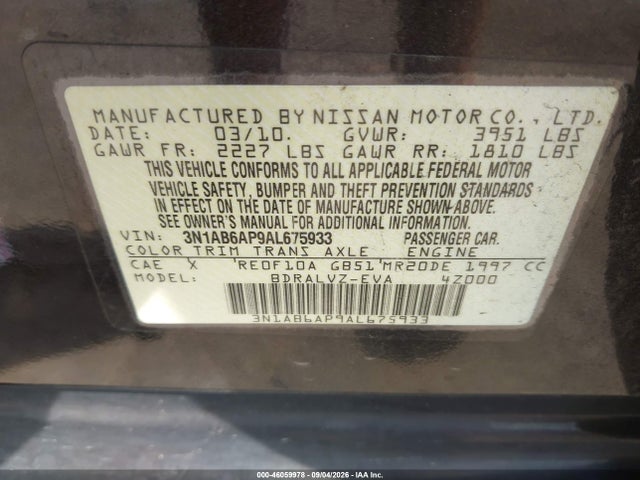 Продаж на аукціоні авто 2010 Nissan Sentra 2.0sl, vin: 3N1AB6AP9AL675933, номер лоту: 46059978