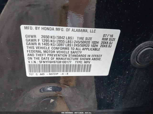 2016 Honda Pilot Touring მანქანა იყიდება აუქციონზე, vin: 5FNYF6H97GB100177, აუქციონის ნომერი: 46059980